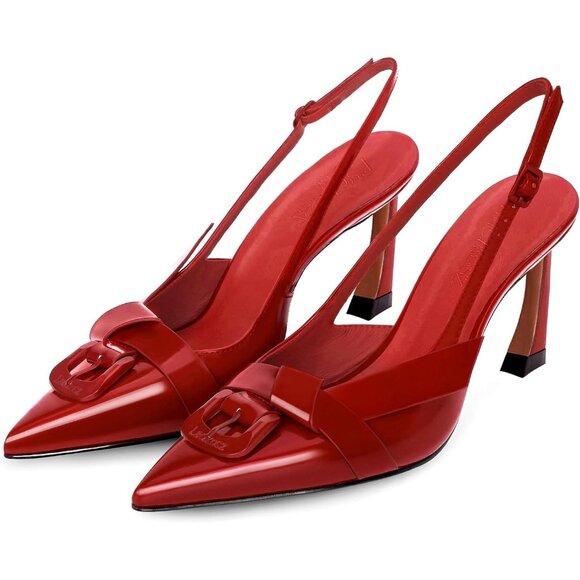 💫 Women Red Buckle Strap Low Heeled Closed Pointed Toe Pumps Party Dress Shoes